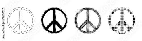 Four distinct peace symbol variations are displayed in a row, showcasing different artistic styles and textures.