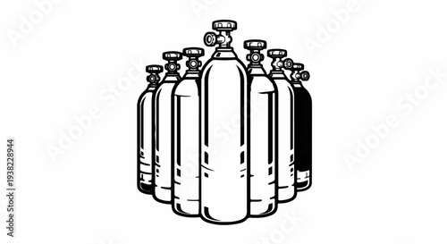 A cluster of industrial gas cylinders arranged closely together