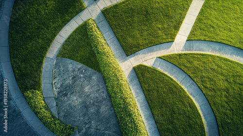Aerial view of a serene park with winding pathways and lush green grass