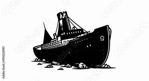 Stylized illustration of a grounded ship resting on rocks