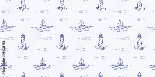 Light Blue Nautical Theme Seamless Pattern with Lighthouses and Ships, Minimalist Marine Vector Background for Coastal Home Decor and Fabric