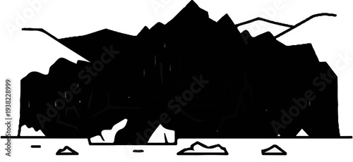 Stylized black mountain silhouette with sharp peaks against white background
