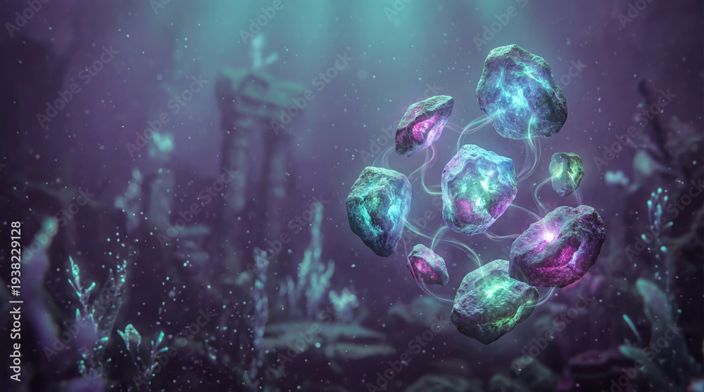 Fototapeta premium Fantasy background with magic crystals against blurred underwater ruins