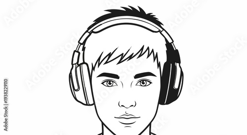 A black and white line drawing of a young person wearing large headphones