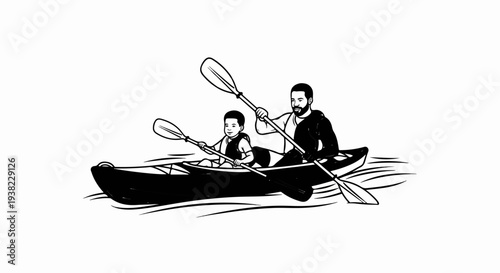 A man and child paddle a kayak on a calm body of water