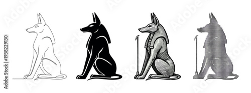 Anubis Egyptian god jackal deity portrayed in four distinct graphic styles, representing ancient mythology and culture.