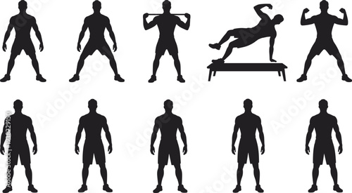 Set of male athlete silhouettes posing and exercising, fitness bodybuilder icons with resistance bands and bench workout for gym training and sport design