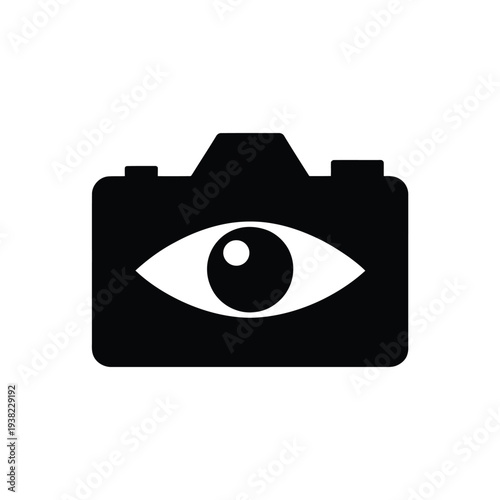 A black silhouette of a camera with an eye in the lens