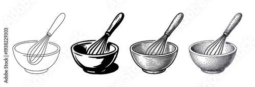 Kitchen whisk and mixing bowl illustrations in various artistic styles for cooking and baking concepts.