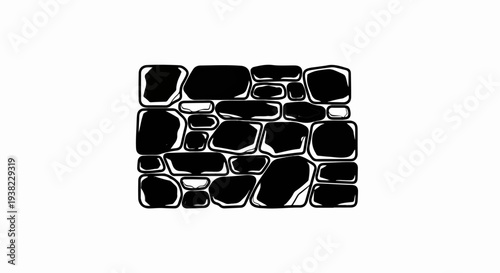 A rough, black and white drawing of a stone wall made of irregular shapes