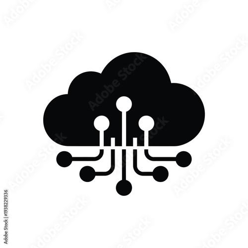 Black cloud icon with connecting lines and circular nodes below