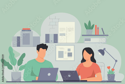 Modern office workspace with people working on laptops and office supplies