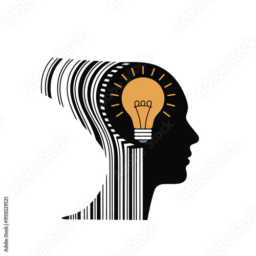 A stylized human head profile with a lightbulb illuminating the brain