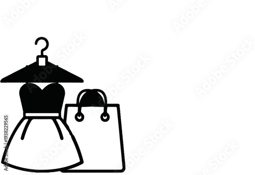 A simple illustration of a dress on a hanger and a shopping bag