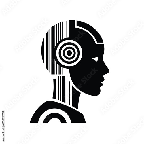 Stylized black and white illustration of a robotic human head in profile