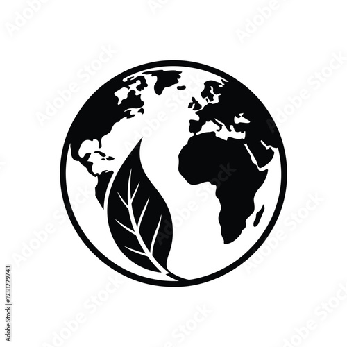 A black and white depiction of earth with leaves symbolizing ecology