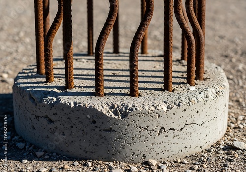 Concrete pillar base with protruding rusted rebar on a gravel surface