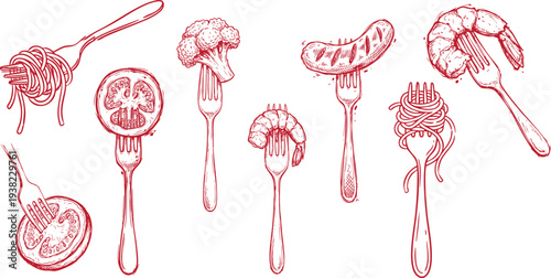 Red Hand Drawn Food on Fork Seamless Pattern, Creative Restaurant and Kitchen Vector Illustration for Menu Design and Culinary Background