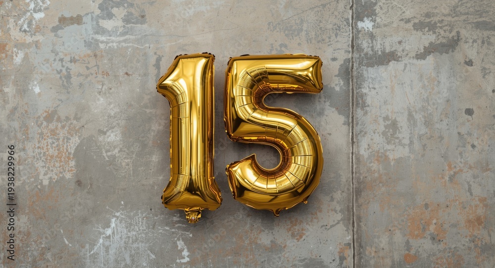 Obraz premium Elegant golden foil balloon 15 on a rustic concrete background ideal for anniversary banners with customization