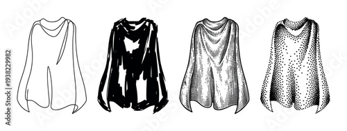 Four different styles of superhero capes showcasing various artistic rendering techniques in black and white.