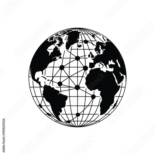 A black and white illustration of earth with a grid network overlay