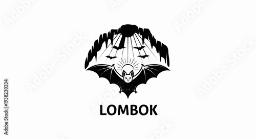 A stylized black bat with large wings and a sun behind its head, flying