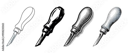 Leather crafting awl tools are depicted in various artistic styles, including outline, solid, hatching, and stippling.