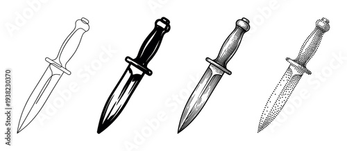 Four different styles of vintage dagger illustrations collection showcasing various artistic techniques for design projects.