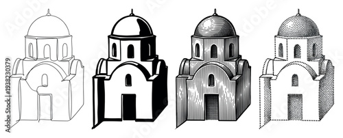 Small domed church illustration set showcasing various artistic drawing techniques and styles in black and white.