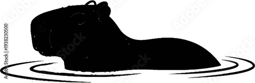 A black silhouette of a capybara in rippling water