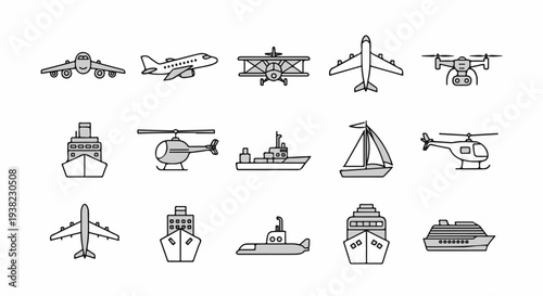 A collection of simplified icons representing various modes of transport, including aircraft, boats, and drones