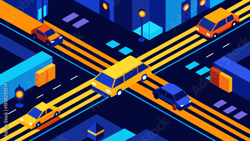 Isometric city intersection with cars bus and buildings at night vibrant urban traffic illustration