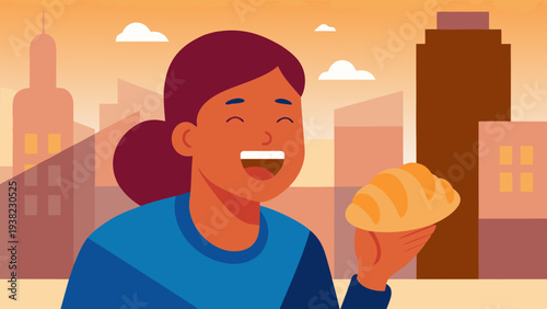 Happy woman holding croissant in city street enjoying breakfast urban lifestyle illustration