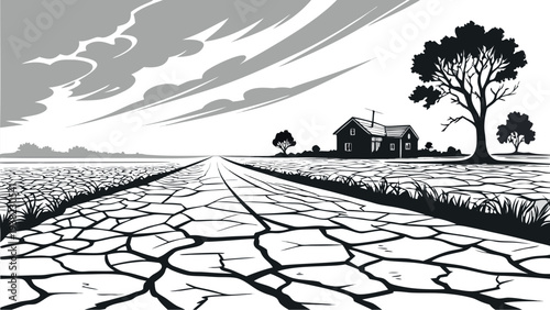 Detailed Vector Illustration of a Large Tree in a Rolling Green Meadow with Summer Sunlight