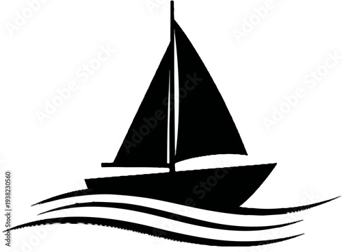 A black silhouette of a sailboat with three sails glides on wavy water