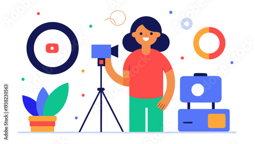 Young woman recording video with camera on tripod for vlog colorful content creator illustration