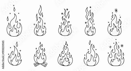 A collection of hand-drawn black and white fire illustrations with varying flame shapes