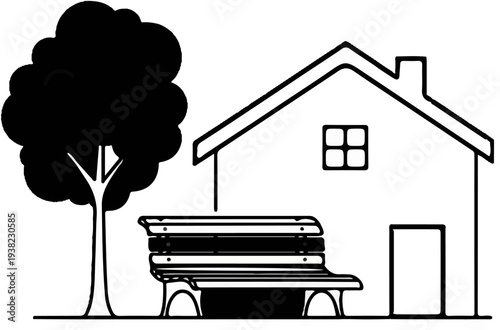 A black tree and a house with a bench in front