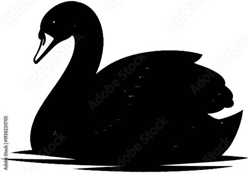 A stylized black swan gracefully glides across calm water