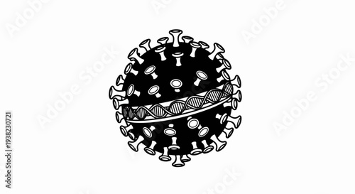 A stylized black and white illustration of a virus with DNA