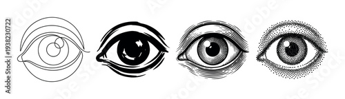 Four different stylized human eyes illustrated in various art styles, showcasing diverse artistic techniques from line art to stippling.