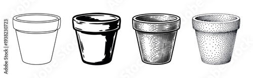 Four distinct styles of empty flower pots are depicted using various black and white art techniques.
