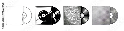 Vinyl records in sleeves are depicted in a collection of four distinct artistic styles, showcasing retro music culture.