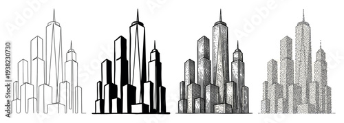 Urban skyscrapers illustrated in four distinct artistic styles, showcasing various drawing techniques and visual interpretations of modern architecture.