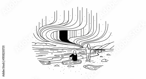 Two people observe aurora borealis over a tranquil beach scene