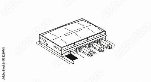 Warehouse with multiple loading docks, trucks arriving and departing