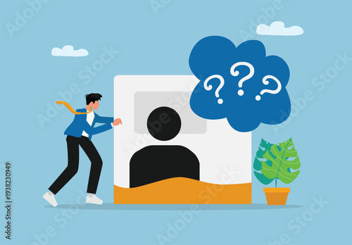 Businessman pushing user profile icon with question marks concept, searching for identity, customer discovery, recruitment process, problem solving, human resources analysis, modern flat vector busine