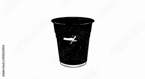 Stylized black transparent plastic cup with liquid and abstract swirls