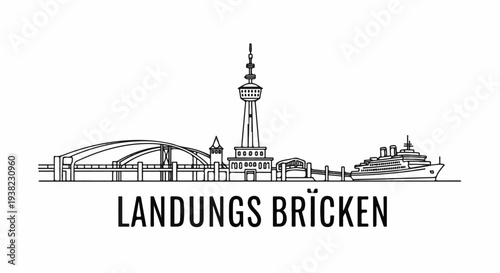 Stylized black and white line drawing of a waterfront with a tower and a ship
