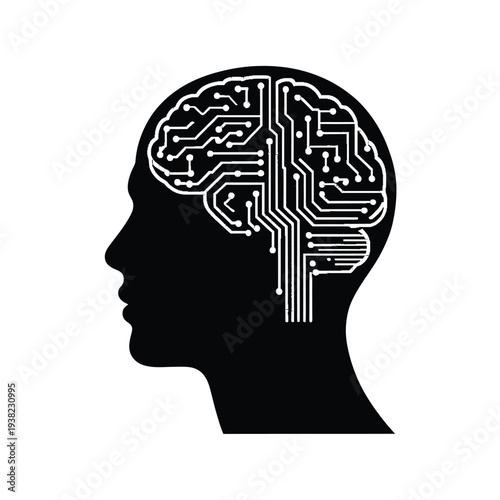 A human profile silhouette filled with intricate circuit board patterns